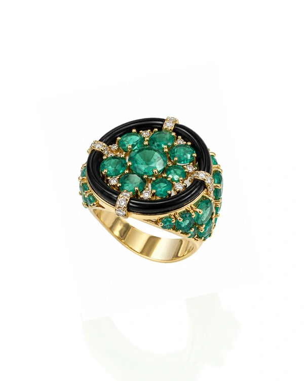Anel Onix, Esmeralda e Diamante | Ouro Amarelo 18k