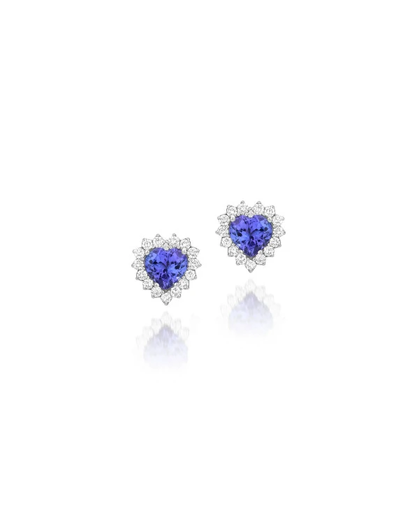 Brinco Coração Tanzanita e Diamante | Ouro Branco 18k