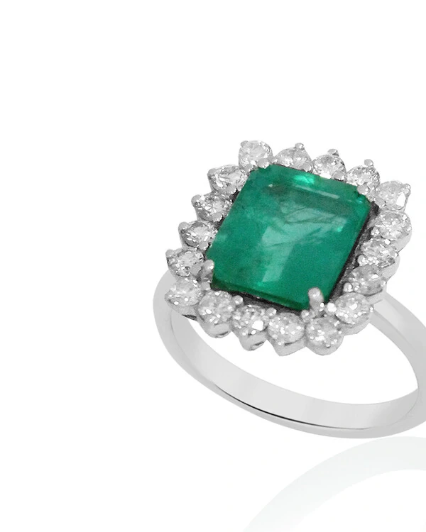 Anel Esmeralda Retangular Diamante | Ouro Branco 18k