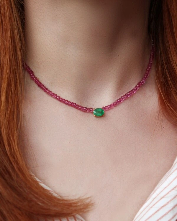 Colar Quartzo Rosa e Esmeralda | Ouro Amarelo 18K