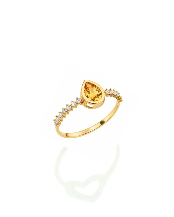 Anel Citrino Gota e Diamantes | Ouro Amarelo 18k