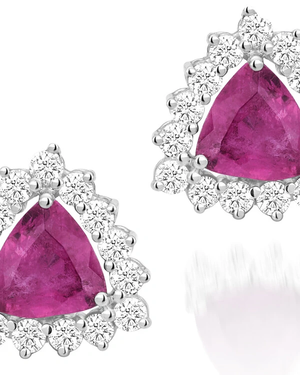 Brinco Rubelita Trillion e Diamante | Ouro Branco 18k