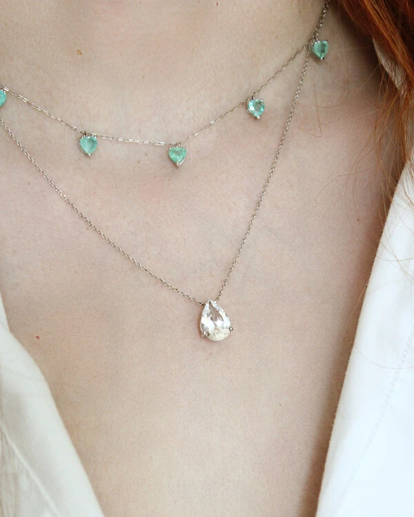 Colar Gota Safira Branca | Ouro Branco 18k