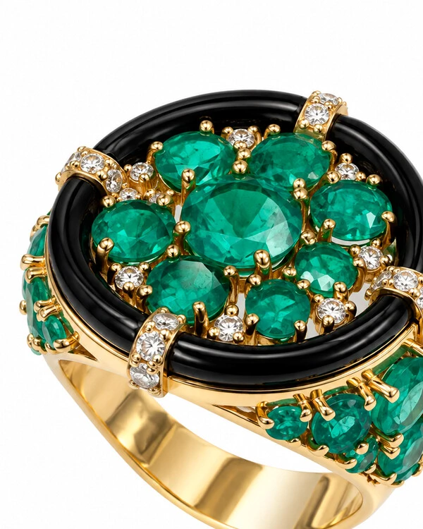 Anel Onix, Esmeralda e Diamante | Ouro Amarelo 18k