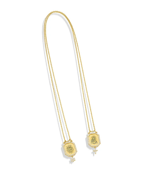 Escapulário Perpétuo Socorro Topázio Branco | Ouro Amarelo 18K