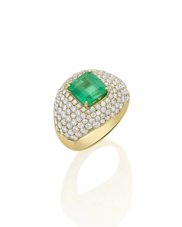 Anel Bombê Pavê Diamante e Esmeralda | Ouro Amarelo 18k