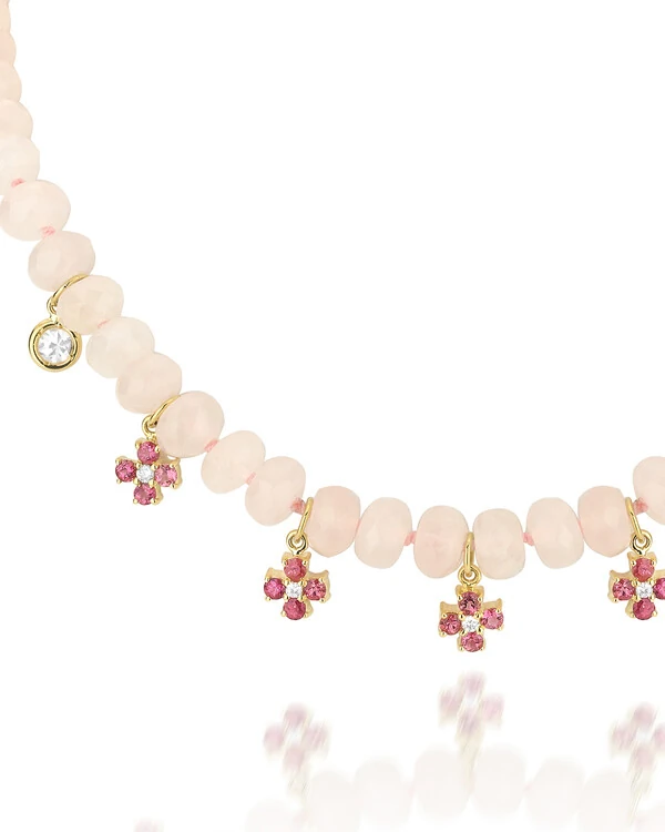 Colar Quartzo Rosa e Flores Turmalina Rosa | Ouro Amarelo 18K