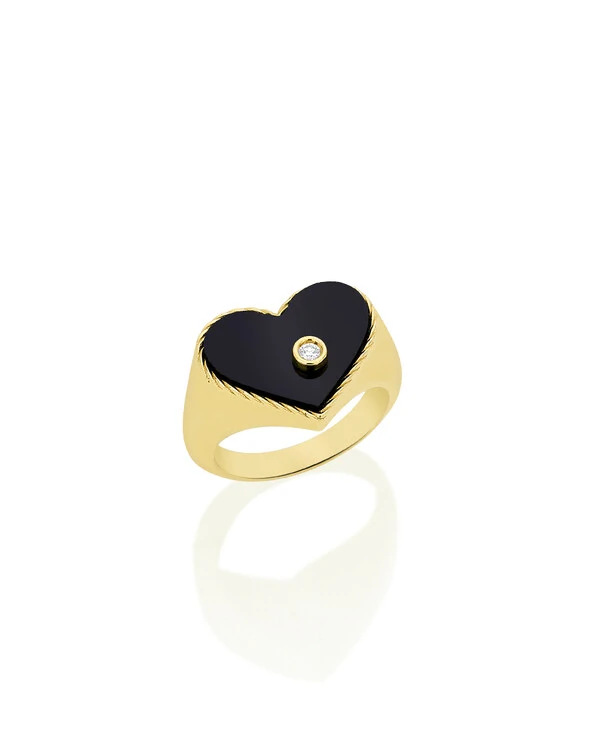 Anel Coração Ônix Diamante | Ouro Amarelo 18k
