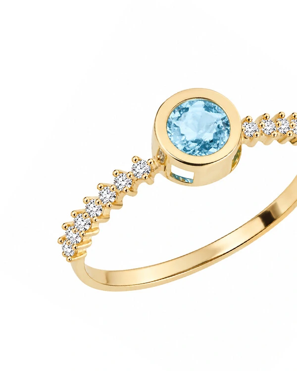 Anel Topázio Azul com Safira Branca | Ouro Amarelo 18k