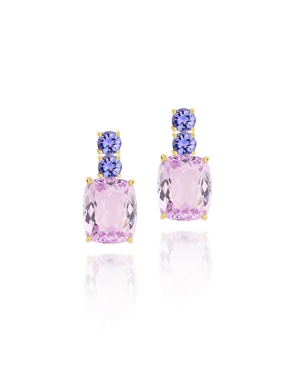 Brinco Kunzita e Tanzanita | Ouro Amarelo 18k | Ouro Amarelo 18k