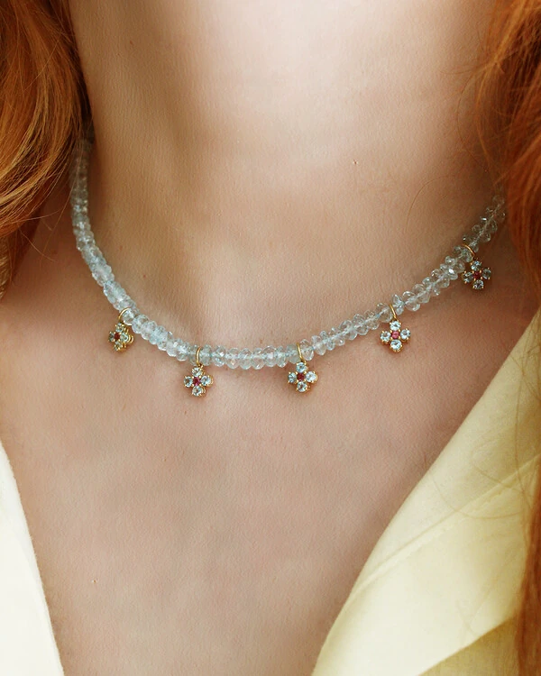 Colar Água Marinha e Flores Topázio Azul | Ouro Amarelo 18K