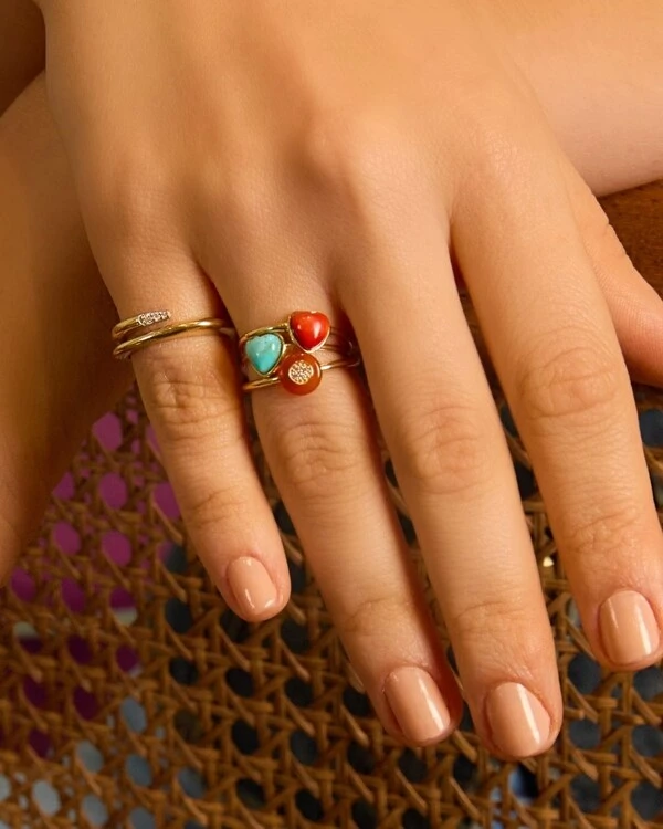 Anel Coração Madrepérola Vermelho Cabochão | Ouro Amarelo 18K