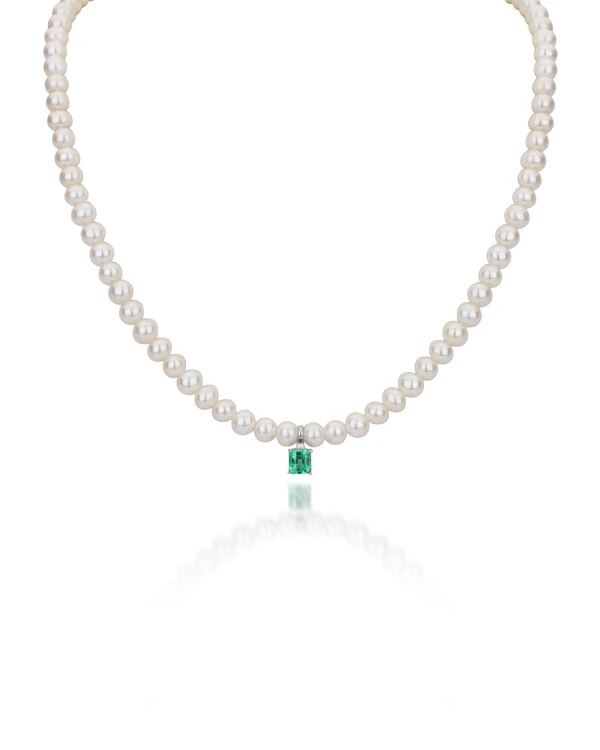Colar Pérola Esmeralda | Ouro Branco 18k