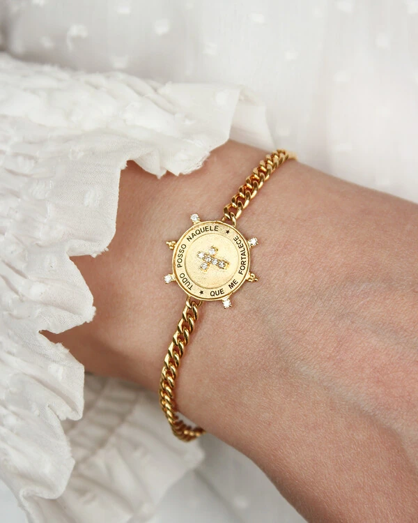 Pulseira Cruz Diamante Tudo Posso Naquele Que Me Fortalece | Ouro Amarelo 18K