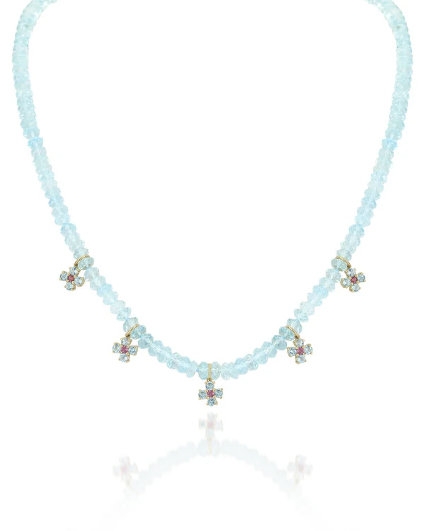 Colar Água Marinha e Flores Topázio Azul | Ouro Amarelo 18K