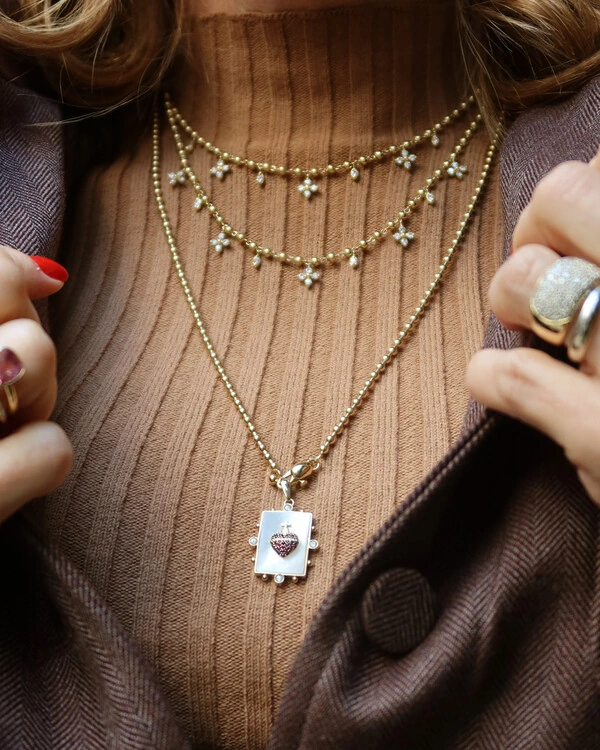 Pingente Sagrado Coração Madrepérola Rubi e Safira | Ouro Amarelo 18K