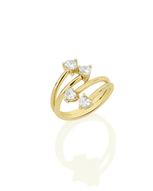 Anel Quatro Aros Corações Diamante | Ouro Amarelo 18k