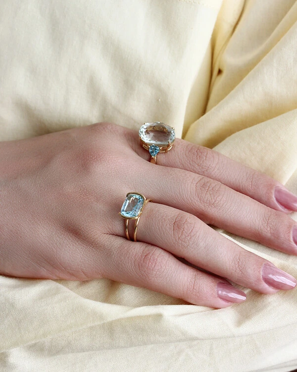 Anel Prasiolita e Topázio Azul | Ouro Amarelo 18k