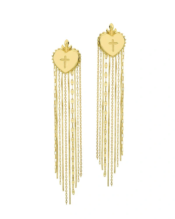 Brinco Coração Cruz Franjas | Ouro Amarelo 18k