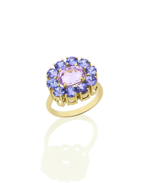 Anel Kunzita e Tanzanita | Ouro Amarelo 18k