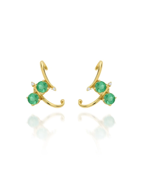 Brinco Ear Hook Esmeralda e Diamante | Ouro Amarelo 18k