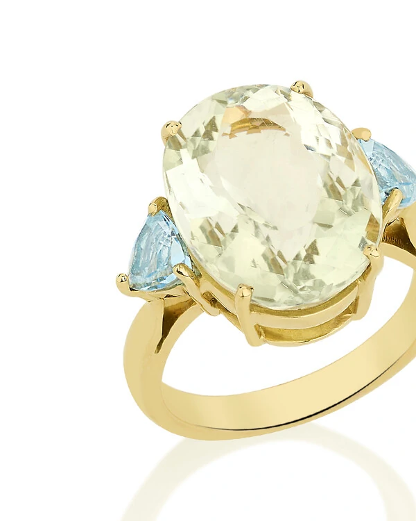 Anel Prasiolita e Topázio Azul | Ouro Amarelo 18k