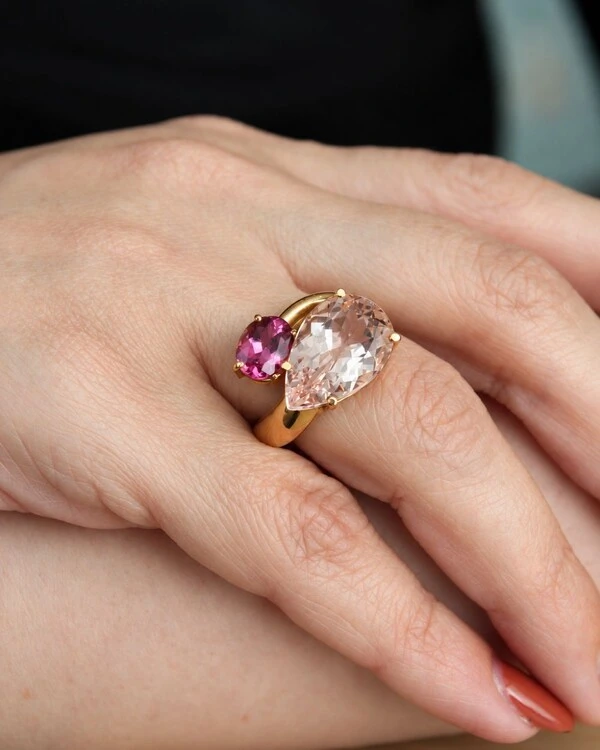 Anel Morganita e Turmalina Rosa | Ouro Amarelo 18k