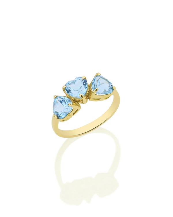 Anel Três Corações Topázio Azul | Ouro Amarelo 18k