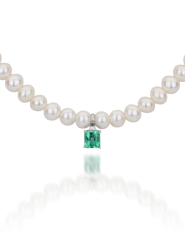 Colar Pérola Esmeralda | Ouro Branco 18k