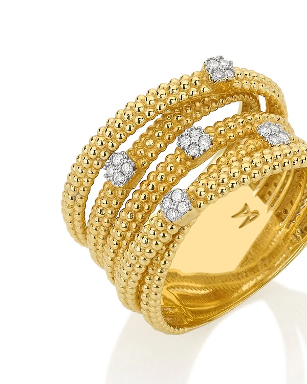 Anel Cinco Aros Bolinhas Diamante | Ouro Amarelo 18K