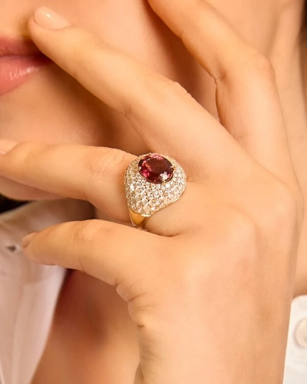Anel Bombe Turmalina Rosa e Diamante | Ouro Amarelo 18K
