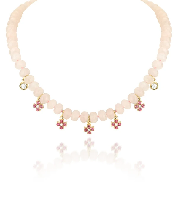 Colar Quartzo Rosa e Flores Turmalina Rosa | Ouro Amarelo 18K