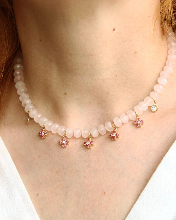 Colar Quartzo Rosa e Flores Turmalina Rosa | Ouro Amarelo 18K