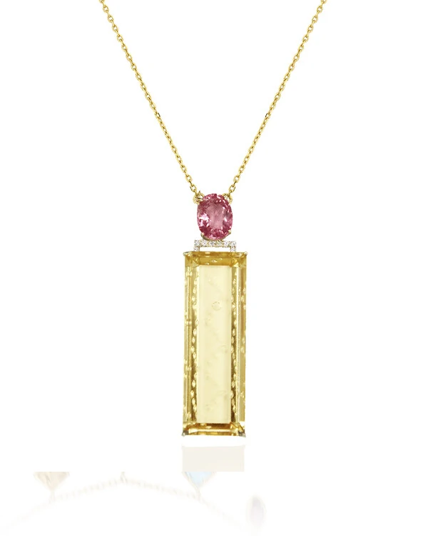 Colar Turmalina Champanhe, Turmalina Rosa e Diamante Brown | Ouro Amarelo 18k
