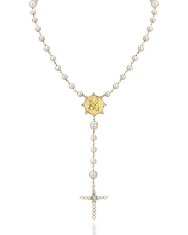 Terço São João Pérola Cinza | Ouro Amarelo 18k