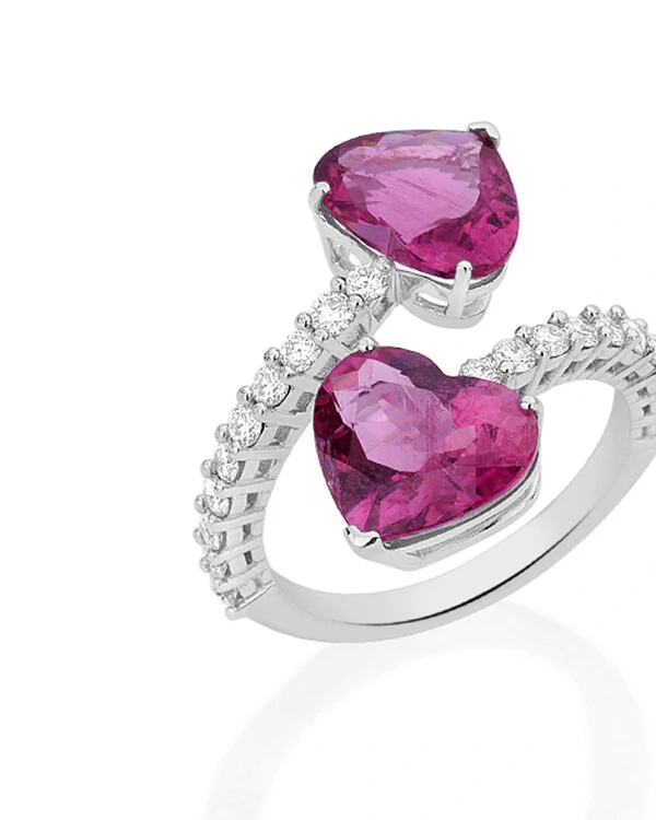 Anel Dois Corações Rubelita e Diamante | Ouro Branco 18k