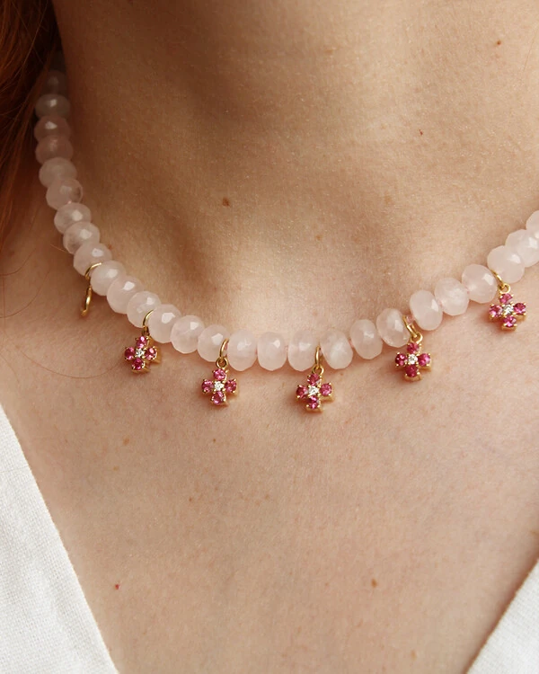Colar Quartzo Rosa e Flores Turmalina Rosa | Ouro Amarelo 18K