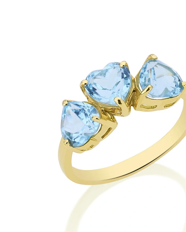 Anel Três Corações Topázio Azul | Ouro Amarelo 18k