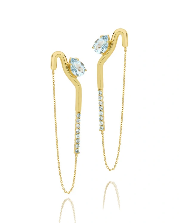 Brinco Hygge Corrente Topázio Azul | Ouro Amarelo 18k