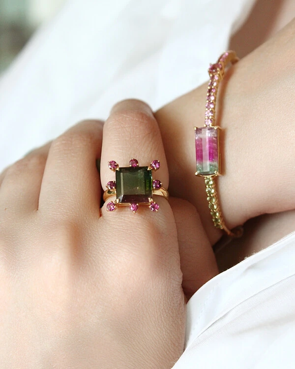 Anel Turmalina Bicolor e Turmalina Rosa