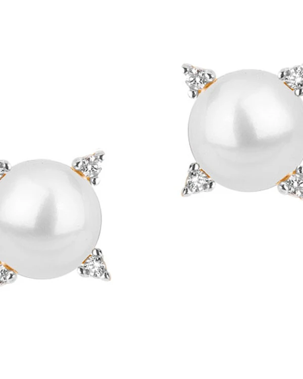 Brinco Pérola com Quatro Diamantes | Ouro Amarelo 18K