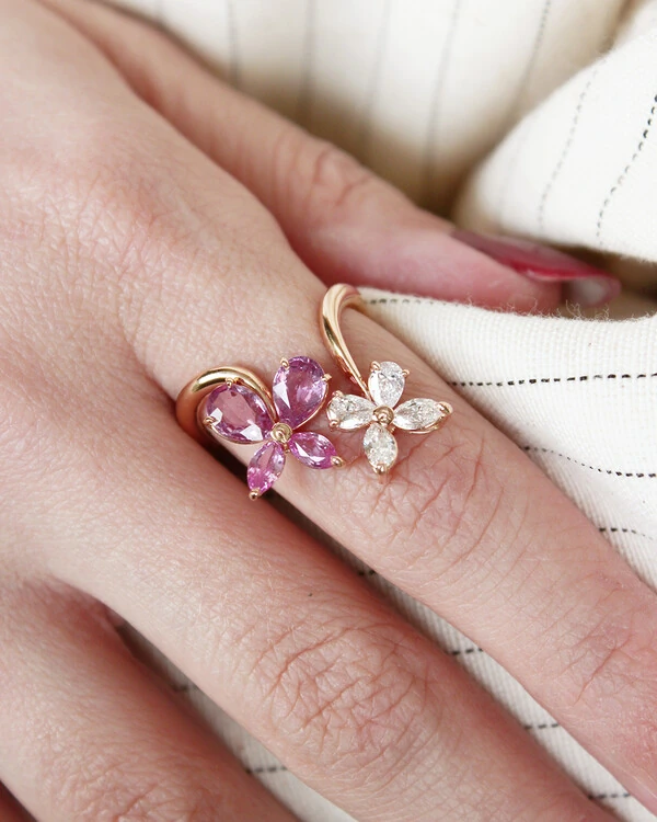 Anel Flor Safira e Diamante