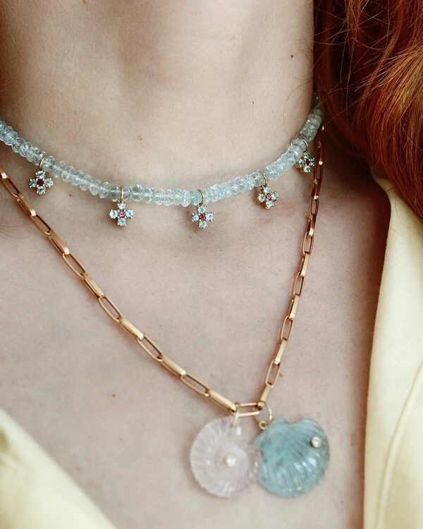 Colar Água Marinha e Flores Topázio Azul | Ouro Amarelo 18K