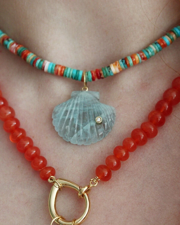 Pingente Concha Água Marinha e Diamante | Ouro Amarelo 18k