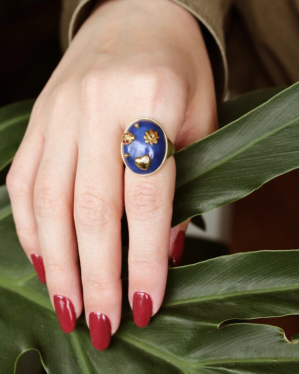 Anel Insetos Small World Quartzo Azul | Ouro Amarelo 18k