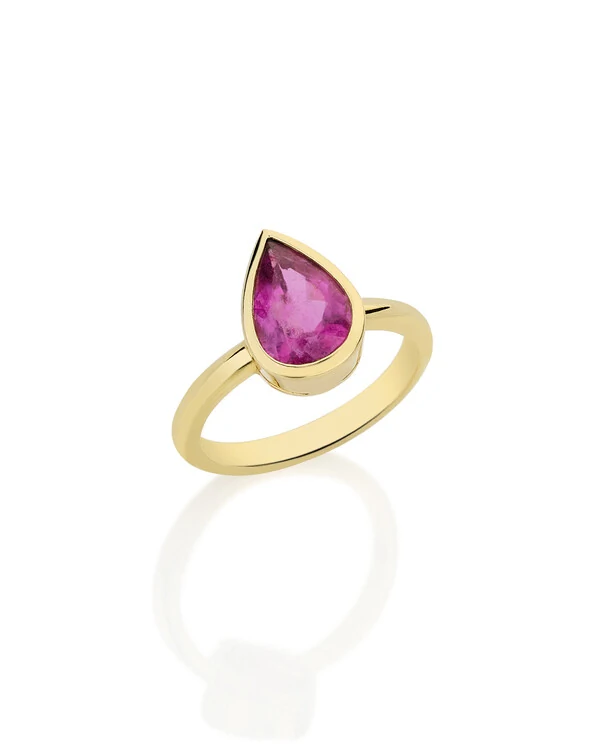 Anel Gota Turmalina Rosa Cravação Inglesa | Ouro Amarelo 18K
