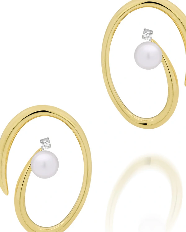 Brinco Espiral Pérola e Diamante | Ouro Amarelo 18k