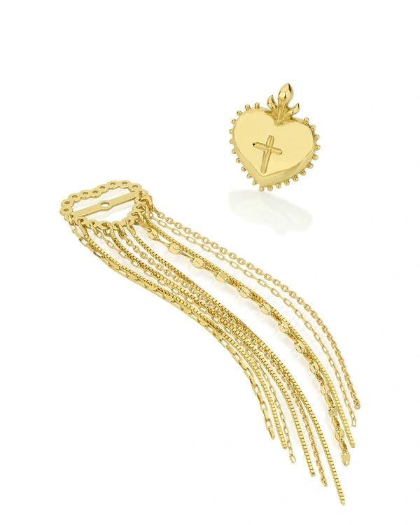 Brinco Coração Cruz Franjas | Ouro Amarelo 18k