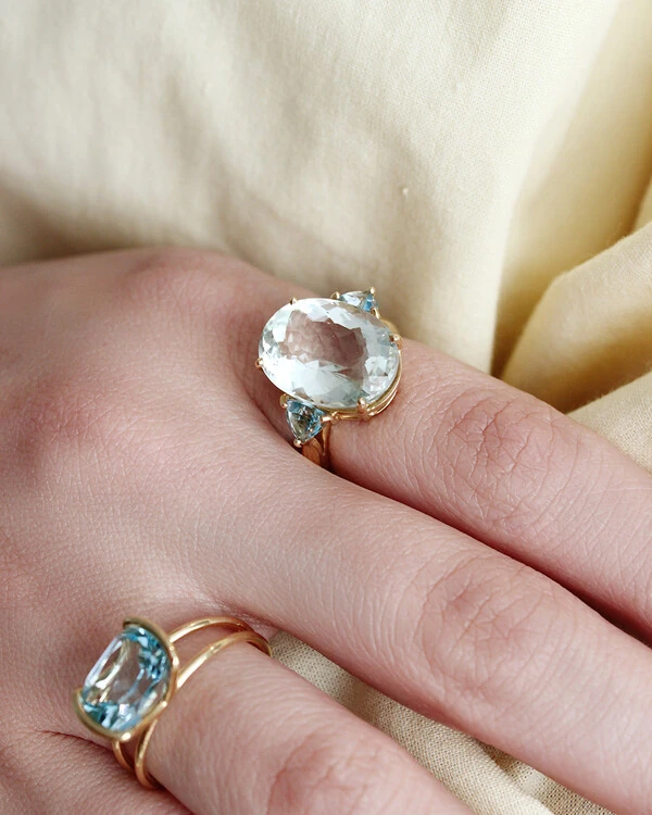 Anel Prasiolita e Topázio Azul | Ouro Amarelo 18k