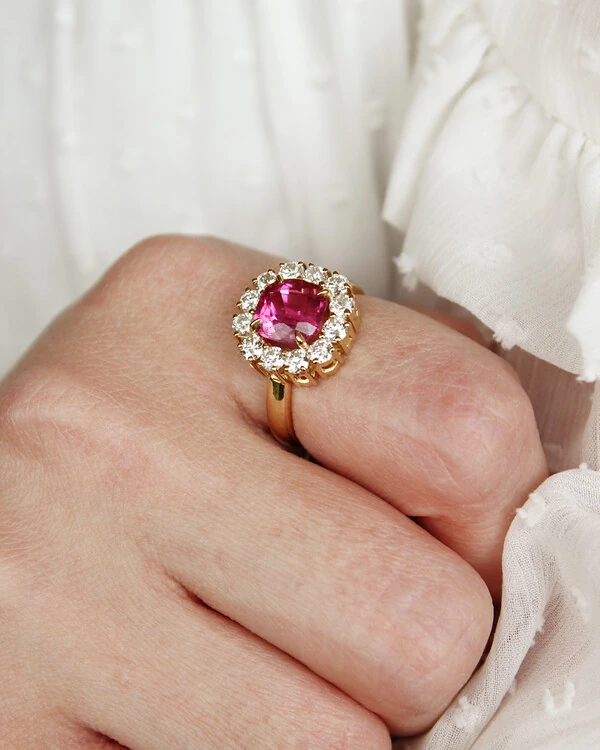 Anel Turmalina Rosa Diamante | Ouro Amarelo 18k